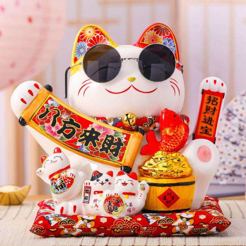 11寸招财猫摇手自动高档次发财摆件吧台展示橱窗样品装饰品送眼镜