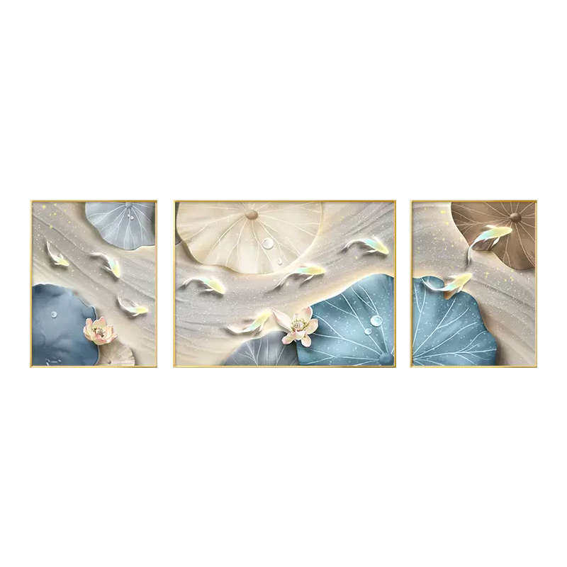 客厅九轻挂画荷叶奢现代抽象壁画墙沙发大气装饰画三联鱼背景图,家居饰品,现代装饰画,淘宝优惠券,粉丝福利购,淘宝优惠卷