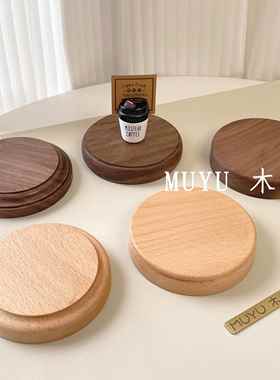 榉木胡桃木正圆形泥塑粘土人偶手办盲盒展示摆件装饰实木摆件底座