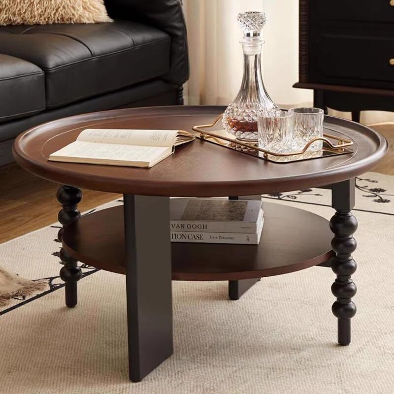 中古风客厅茶几家用小户型圆形实木小型侘寂风复古沙发法式小桌子