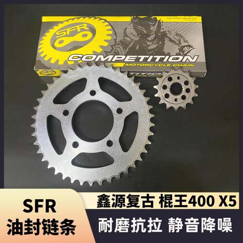 适用鑫源复古 棍王400 X5机车链盘链条套炼三件套油封链条