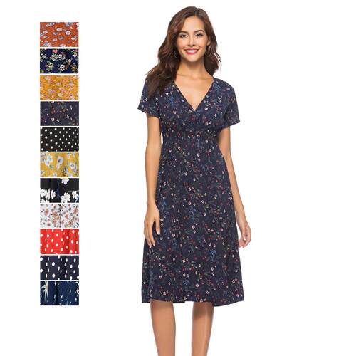 Beach skirt printed collar short sleeved dress