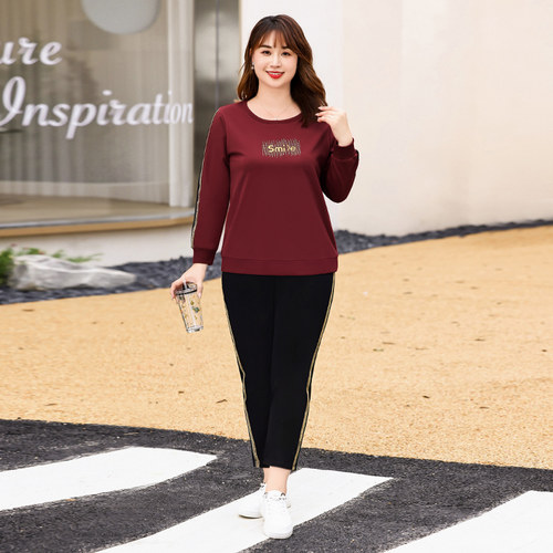 加肥加大胖mm长袖春季套装女大码休闲洋气中年妈妈遮肚显瘦两件套