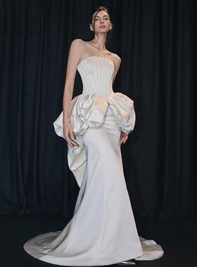法式抹胸晚礼服女高级感轻奢重工钉珠年会宴会新娘订婚白色鱼尾裙