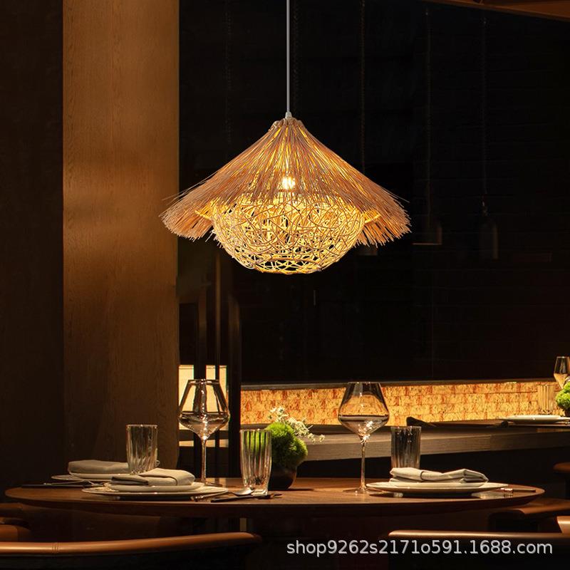 新式餐厅吊灯SJ101-03创复意藤编帽灯手工编织中鸟巢古创草意餐厅