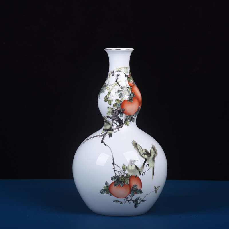现代新中式高白泥描金粉彩薄胎花鸟葫芦瓶玄关酒柜装饰品摆件批发