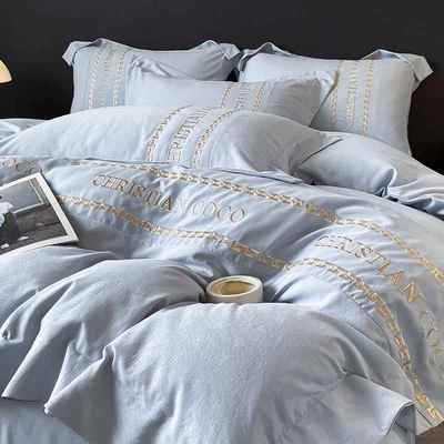 正品轻奢秋冬加厚纯棉磨季上床四件套毛100全绵简约刺绣被套床单