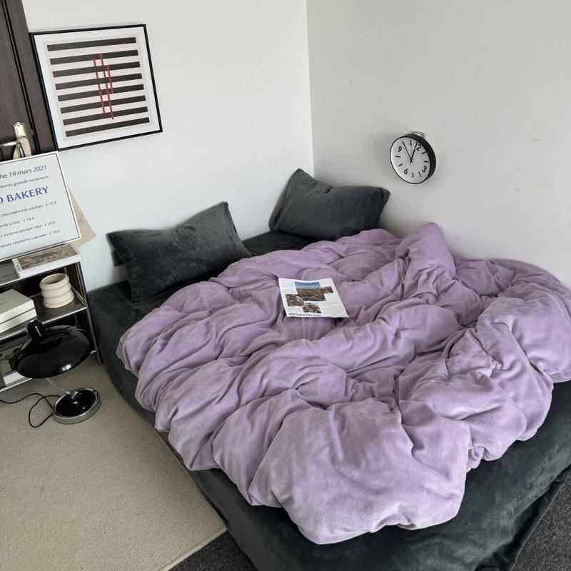 葡萄成熟时灰紫色牛奶绒床上四件套秋冬加厚保暖珊瑚绒床单床笠款