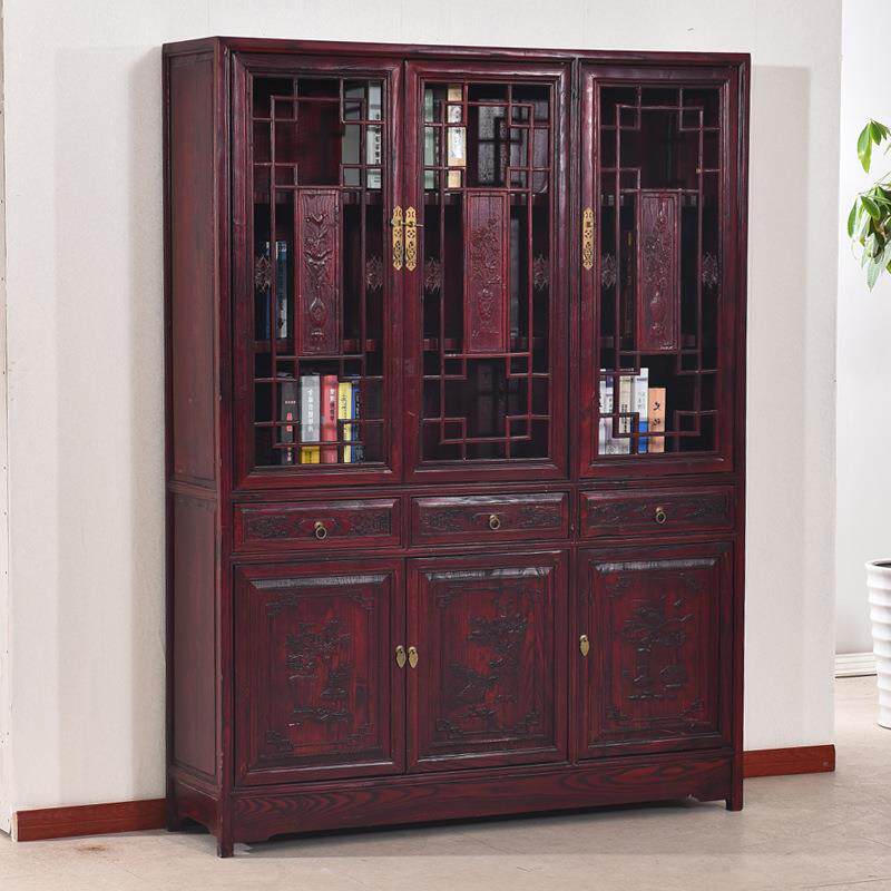 全实木三门中式仿古书柜家具书橱书架组合南榆木明清古典展示柜