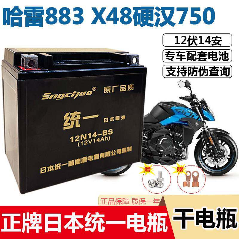 摩托车12v14A免维护干电池YTX14-BS哈雷883电瓶x48硬汉750免维护