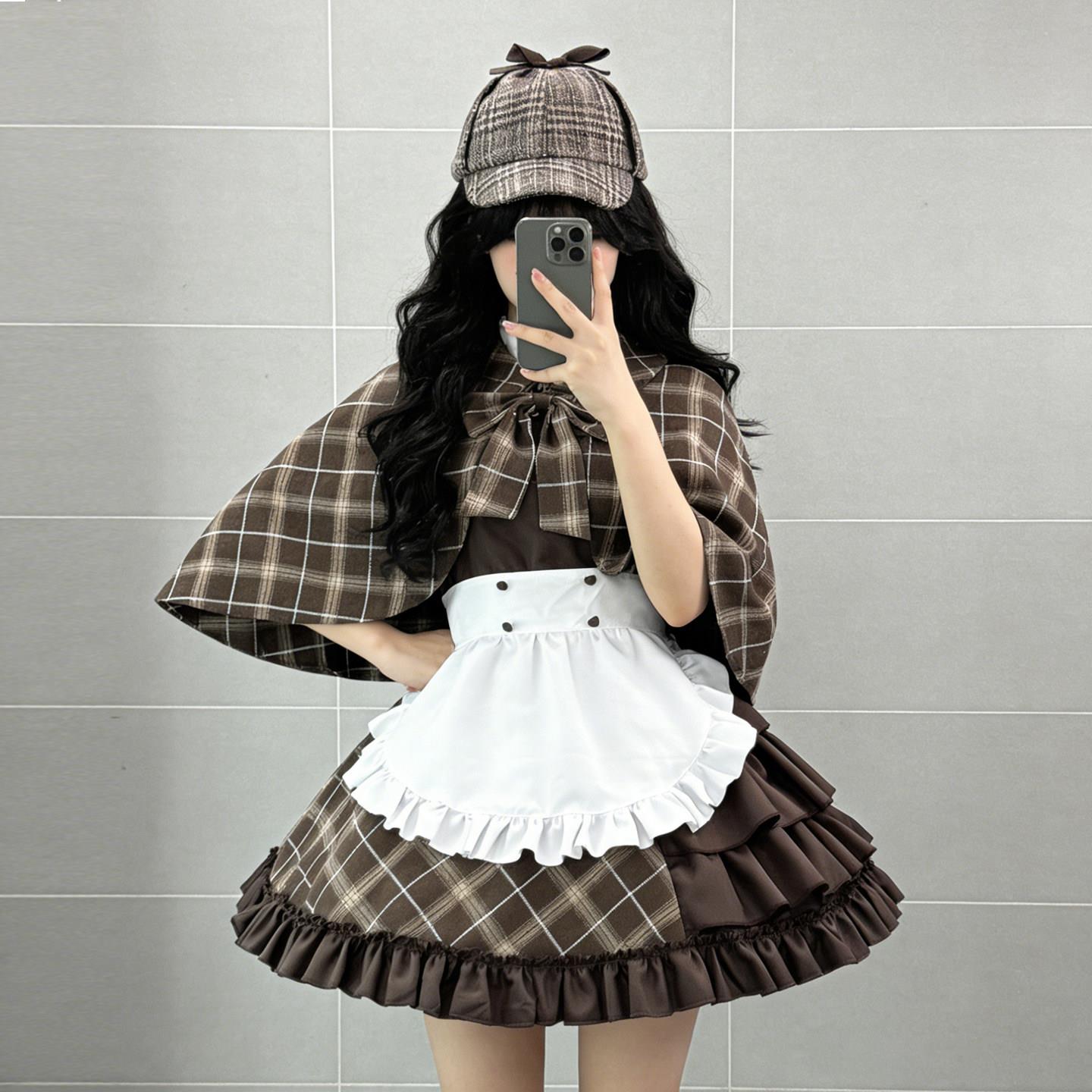 侦探少女~福尔摩斯cos服环球影城穿搭英伦风帽子披肩连衣裙三件套