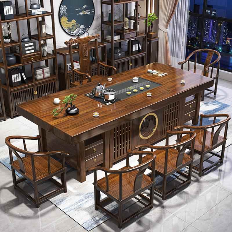 实木大板茶桌椅一桌五椅组合新中式茶几简约家用客厅办公室泡茶台