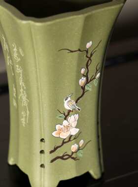 紫砂花盆陶瓷盆景盆苏玲名家盆手绘刻绘花鸟兰花盆绿泥兰盆觅陶乡