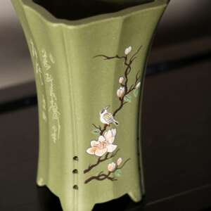 紫砂花盆陶瓷盆景盆苏玲名家盆手绘刻绘花鸟兰花盆绿泥兰盆觅陶乡