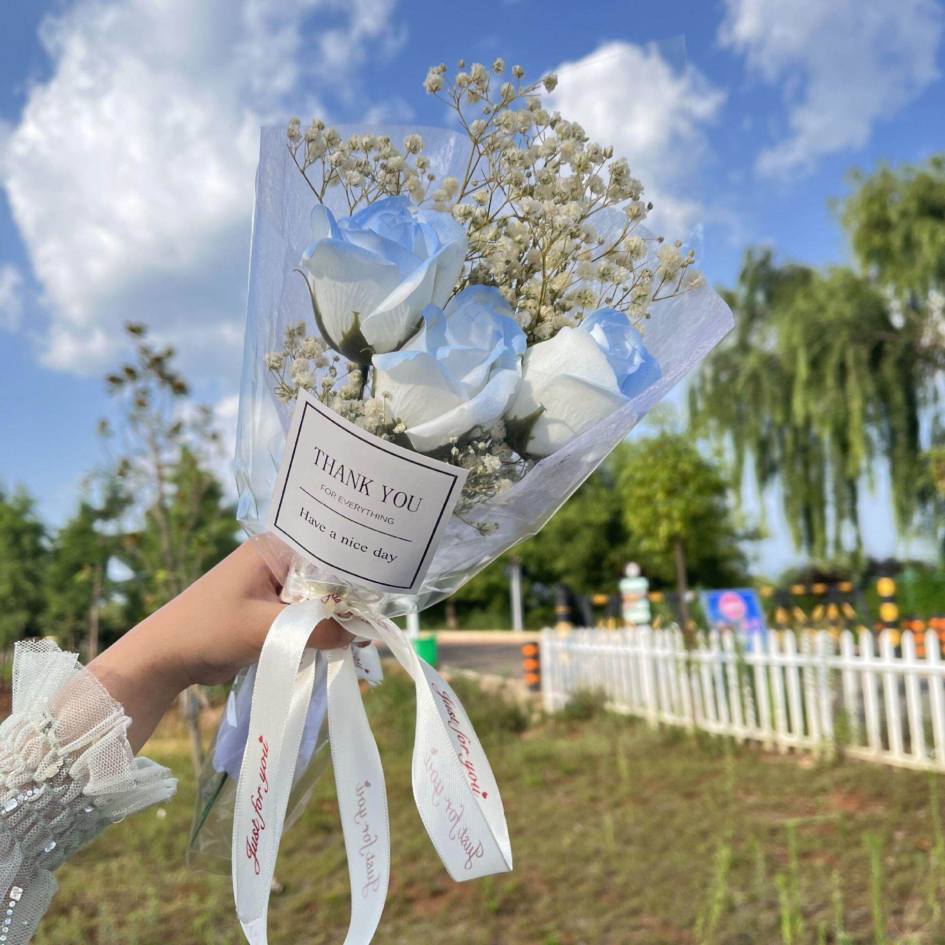 简易英文透明花束套袋鲜花玫瑰防水多支塑料包装袋花纸单支袋摆摊