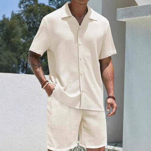Men Sleeve Shirt Shorts Two Set Regular Casual Button