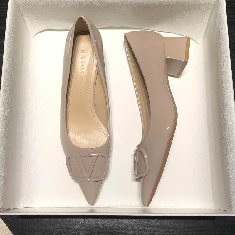 店主自留新款~裸色尖头浅口单鞋女春秋季气质低跟粗跟真皮高跟鞋