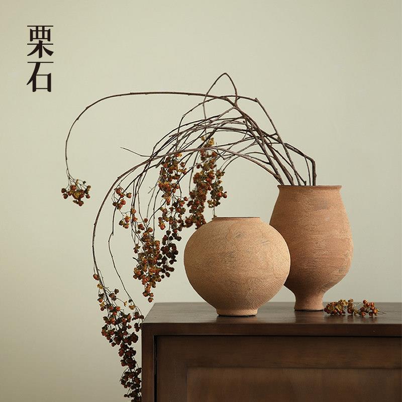 栗复古橙色小陶罐石器侘寂风粗陶花瓶样板间民橱花窗陈列品03摆宿