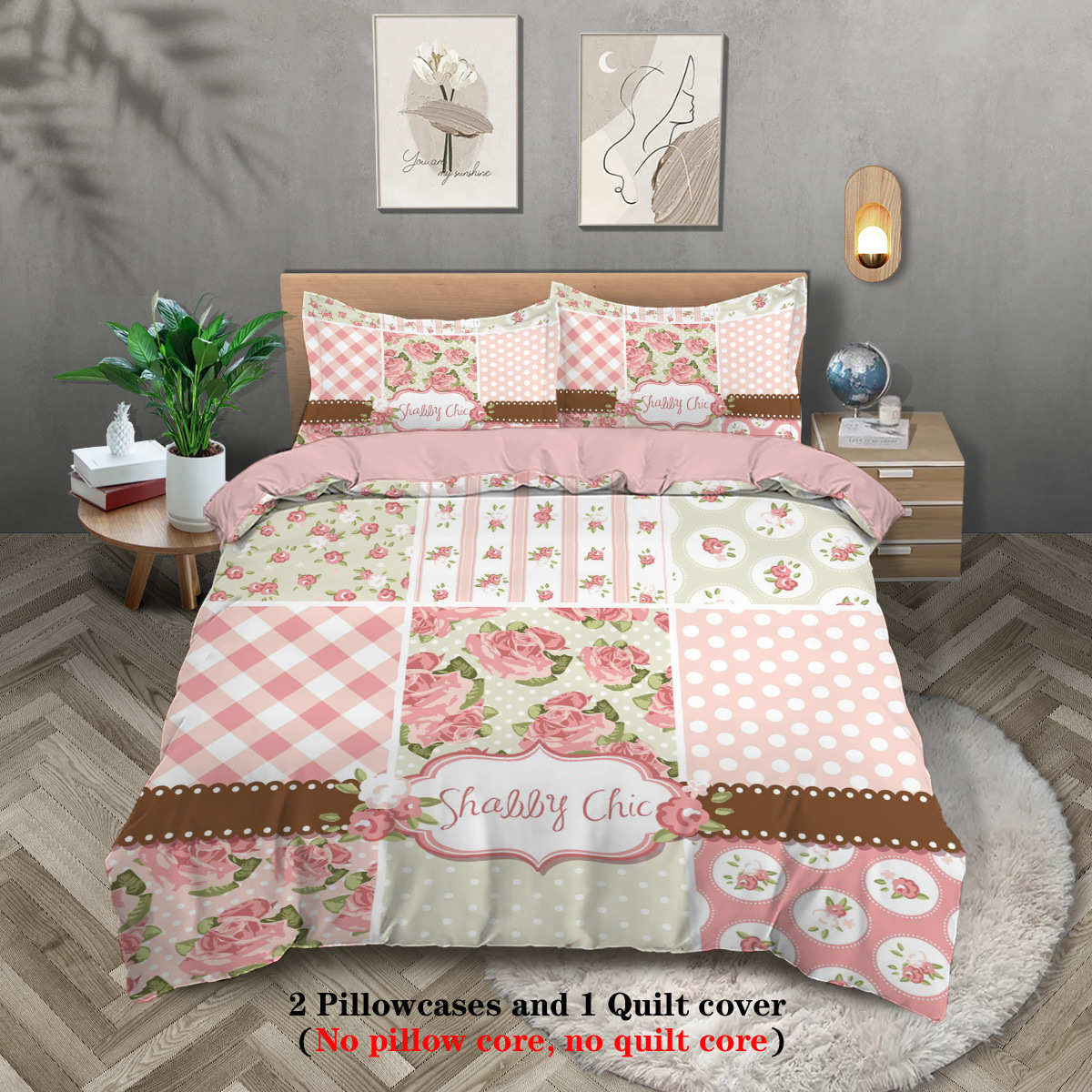 小清新格子碎花田园风可爱90g磨毛布涤纶床上用品三件套