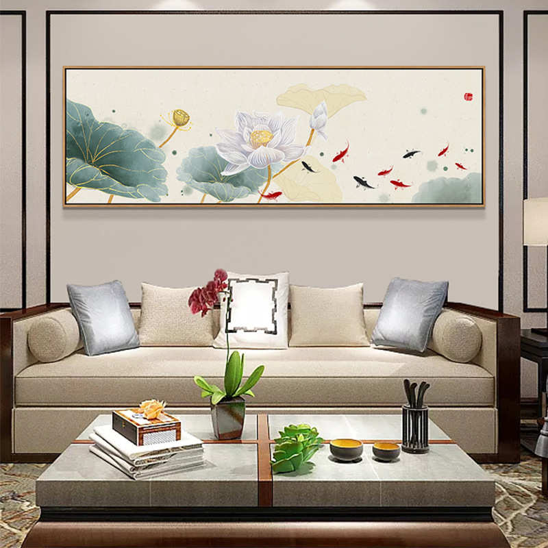 新中式客厅荷花装饰画卧室床头墙画茶室禅意沙发背景墙挂画九鱼图图片