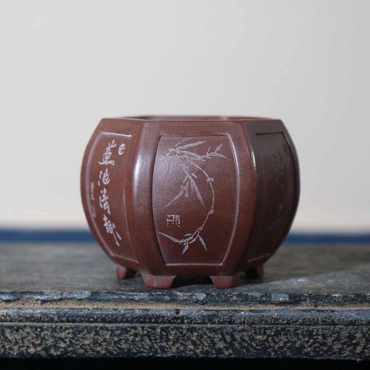 紫砂花盆微型手工盆景盆精品盆栽桌面小盆六方形六角形供灯窗面