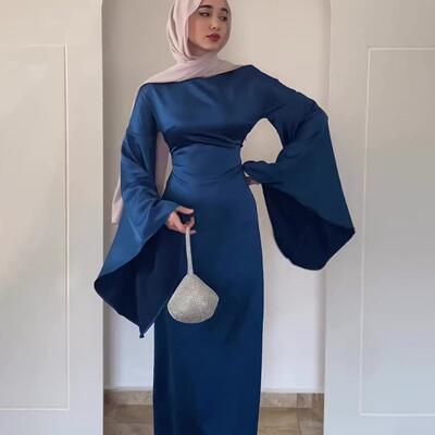 Womens Elegant Solid Color Trumpet Sleeve Arabic Dress