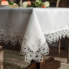 布艺餐桌布桌垫欧式白色绣花边，台布方桌圆桌椅套镂空蕾丝茶几布