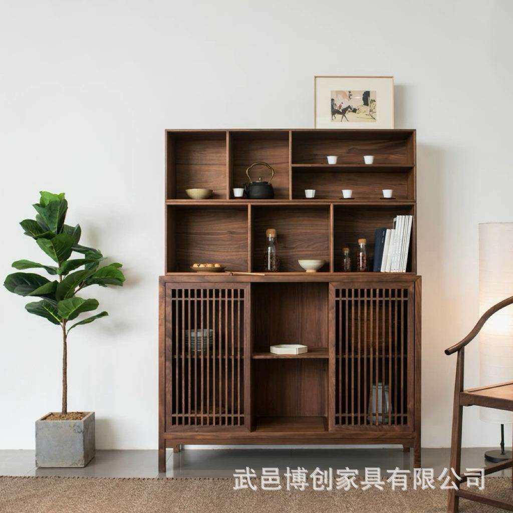 新中式实木餐边柜北美黑胡桃茶柜收纳柜茶柜储物柜客厅柜边柜家具