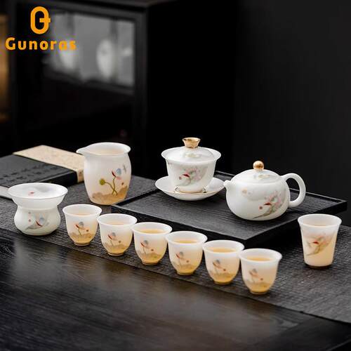 冰种羊脂玉瓷功夫茶具套组 高档中式盖碗茶具礼盒