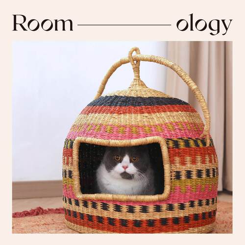 Roomology非洲加纳进口手工编织宠物窝草编猫窝狗窝便携式猫窝
