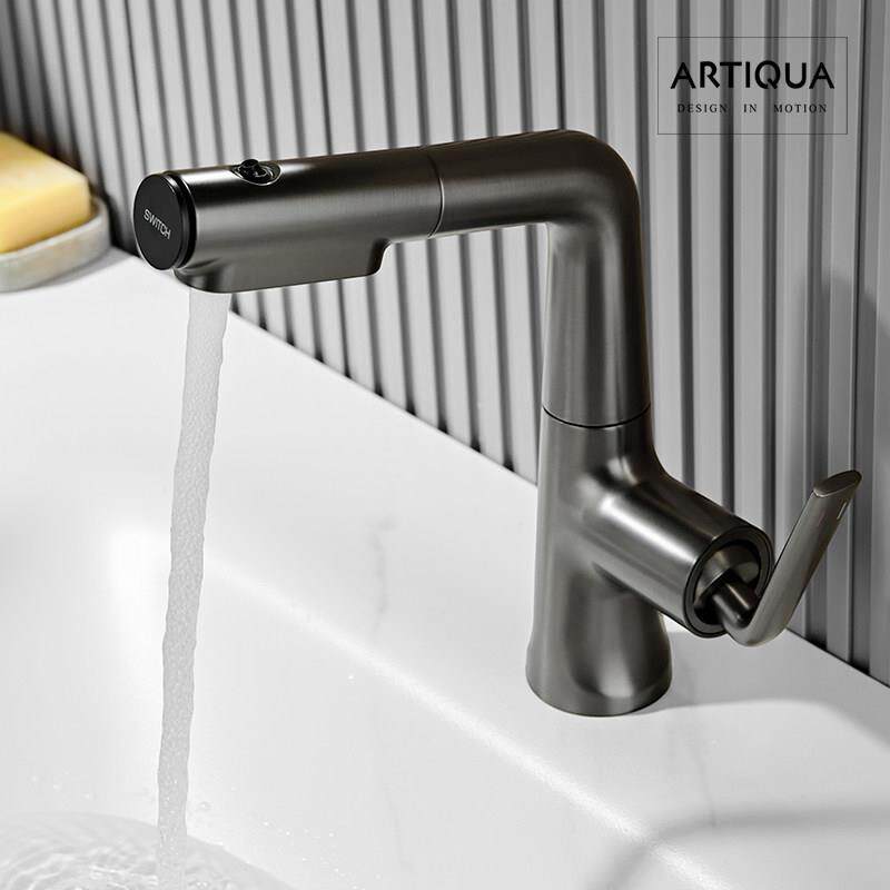 ARTIQUA枪灰色全铜抽拉式面盆水龙头冷热上喷水洗脸洗漱台盆龙头