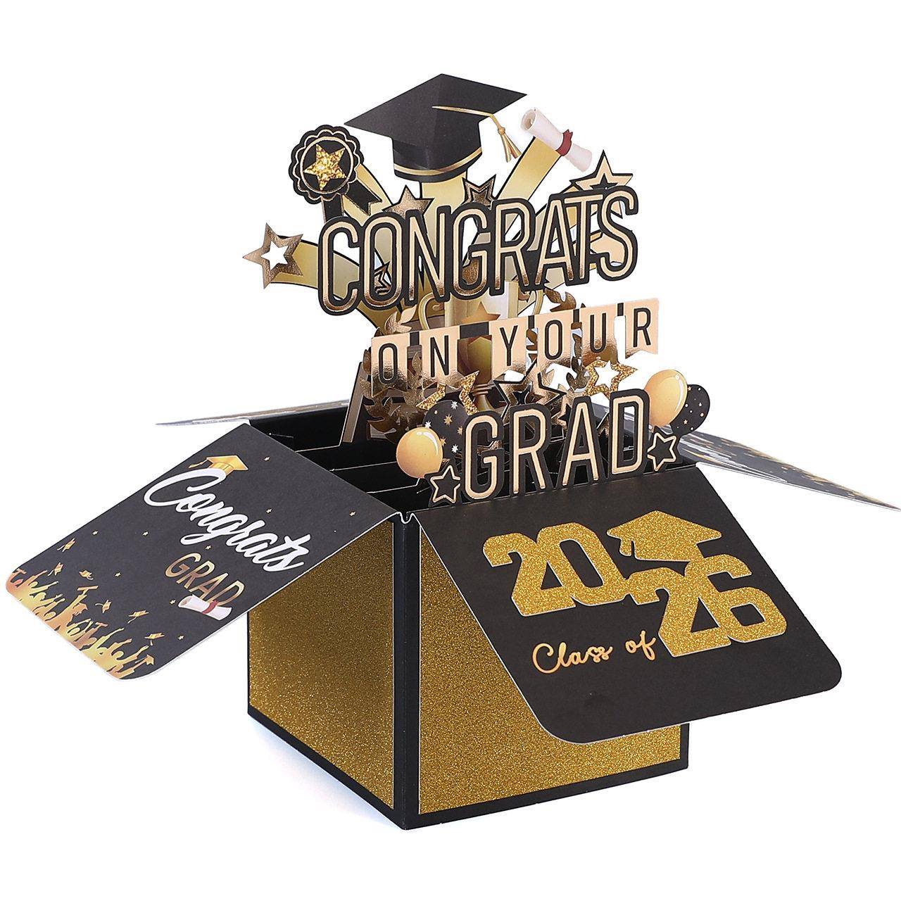 2026年毕业季狂欢立体盒黑金毕业贺卡快乐祝福金葱粉镂空烫金卡片
