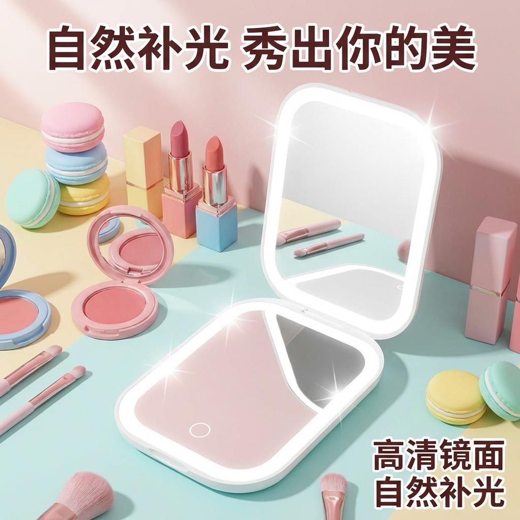 美妆镜超薄小镜子可折叠三色光便捷清发光镜子带灯led化妆镜