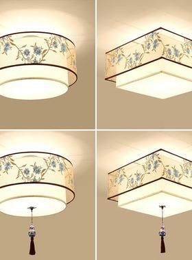 新中式房LE吸D顶灯印花现代39简led卧室温馨客房约书圆形灯具家居