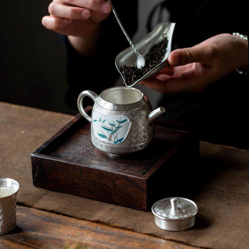 鎏银开窗竹韵壶中式复古风茶具家用办公足银泡茶壶壶手工银壶茶壶