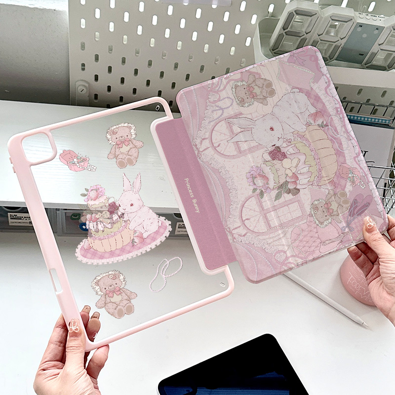 粉色可爱兔ipad2024款保护壳少女心air6平板matepad11.5s新亚克力vivo/oppopad2带笔槽13寸透明防弯9代10皮套