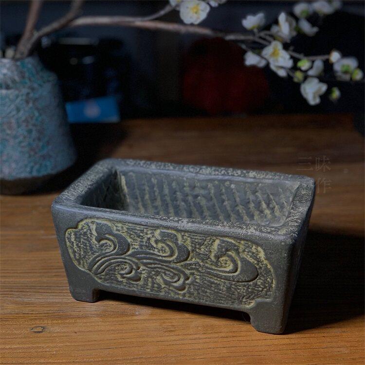 中式复古艺术浮雕勾云花盆彷老青石雕水培菖蒲文竹铜钱草微景盆栽