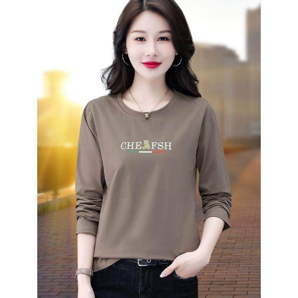 潮牌女士t恤长袖上衣女春秋单穿新款休闲百搭中年妈妈纯棉体恤衫