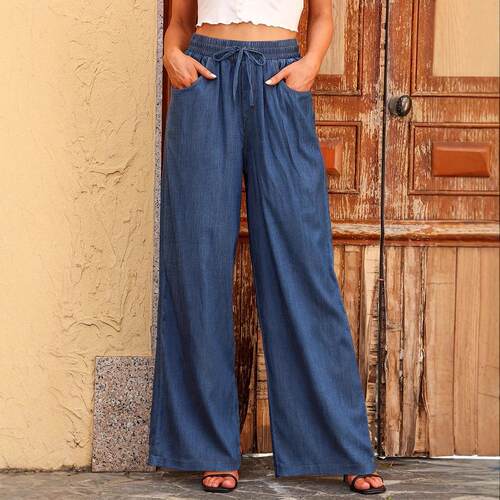 Women's wide leg imitation jeans, high waisted drawstring