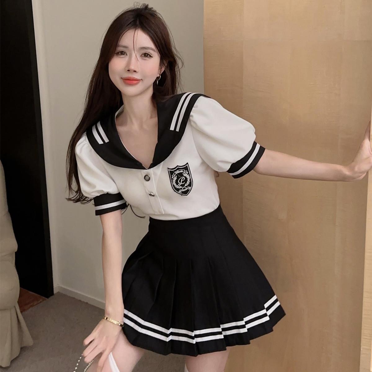 足浴技师工作服遮肚子学院风制服足疗女技师衣服减龄百褶裙套装