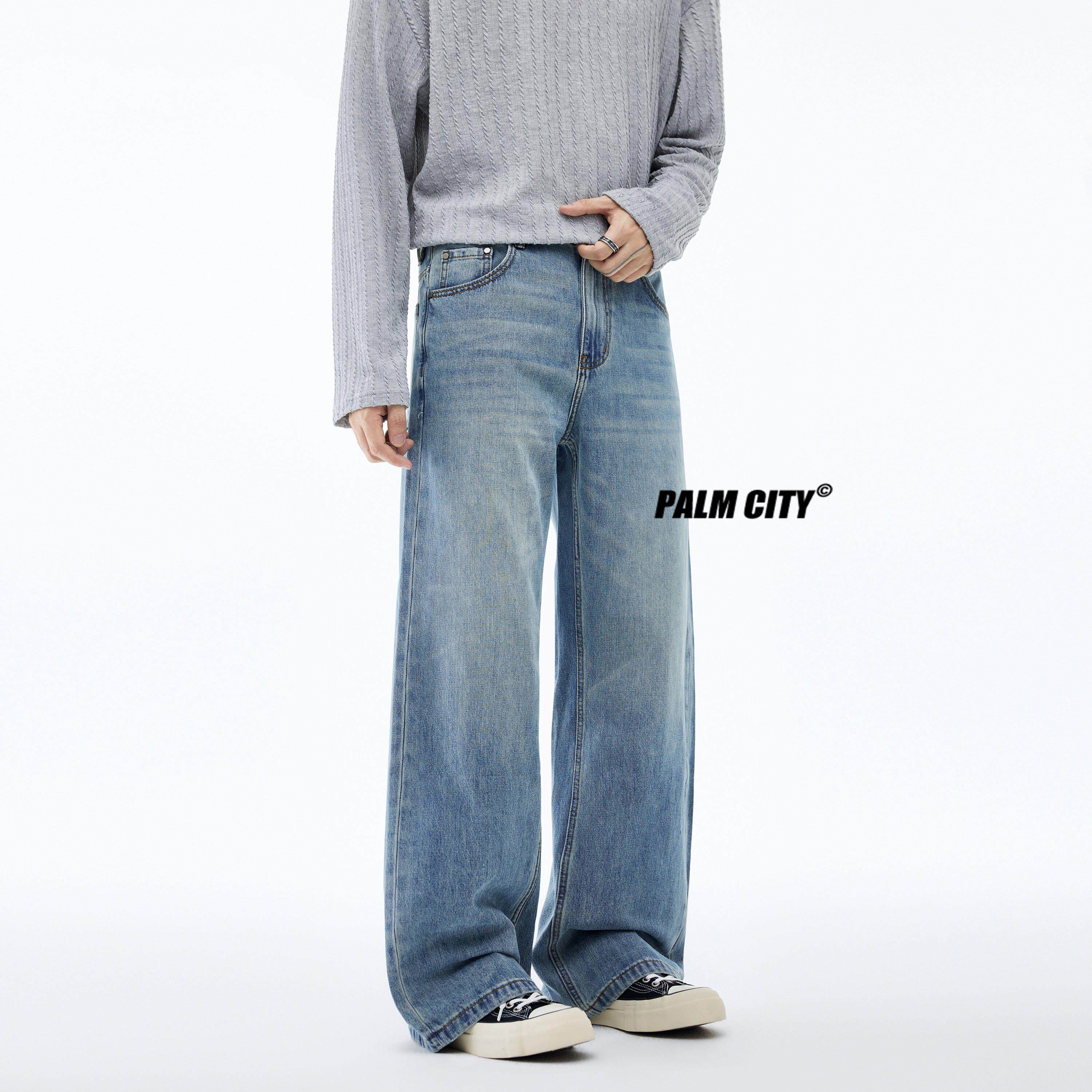 PALM CITY水洗猫须直筒牛仔裤男春夏美式复古休闲宽松阔腿A字长裤