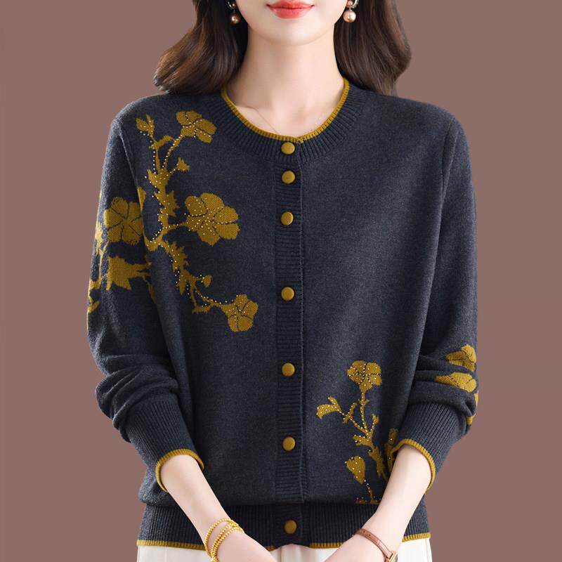 春季薄款羊毛针织开衫女圆领扣子显瘦外搭中年妈妈装气质毛衣外套