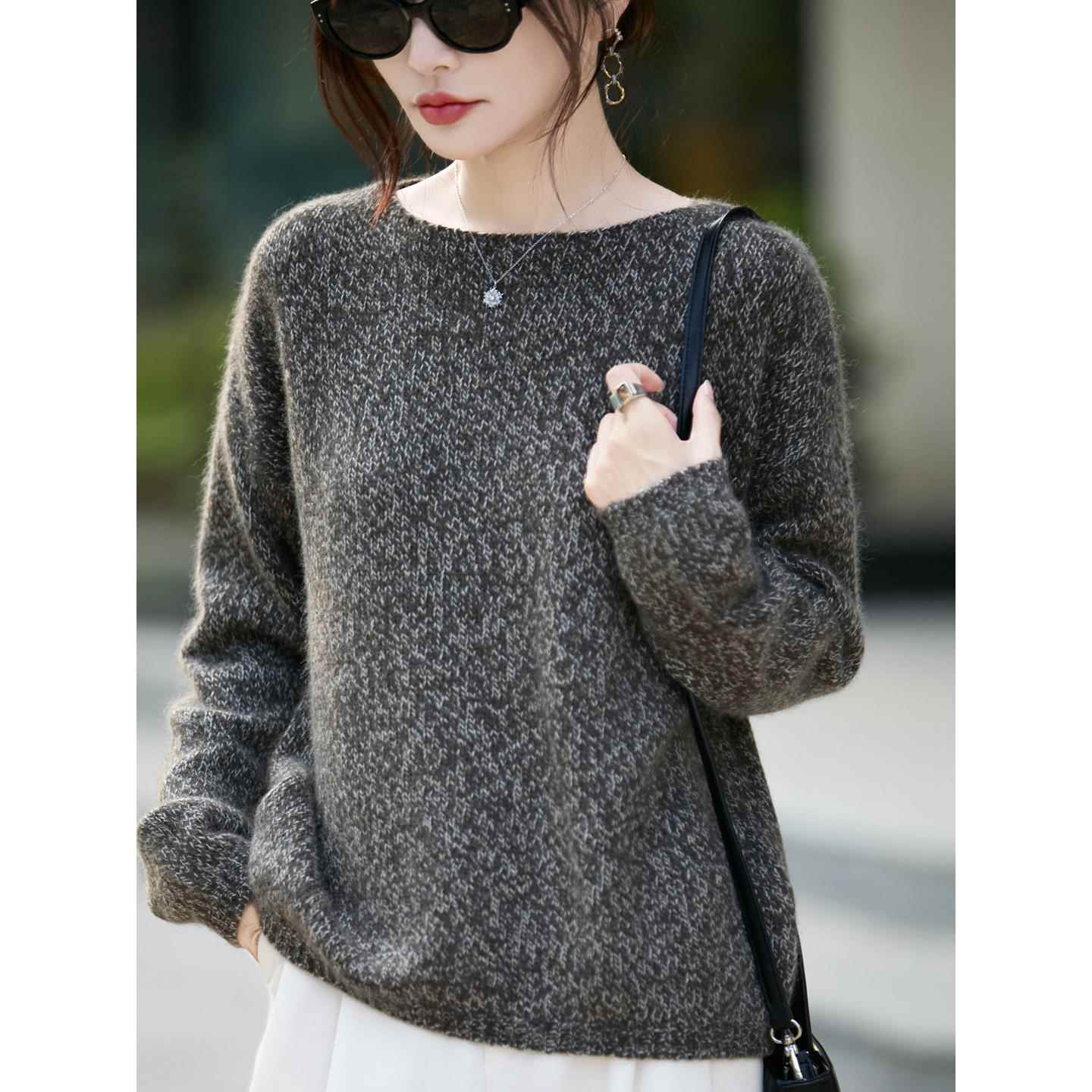 时尚花纱设计百搭宽松圆领针织毛衣女秋冬加厚软糯洋气套头1206h