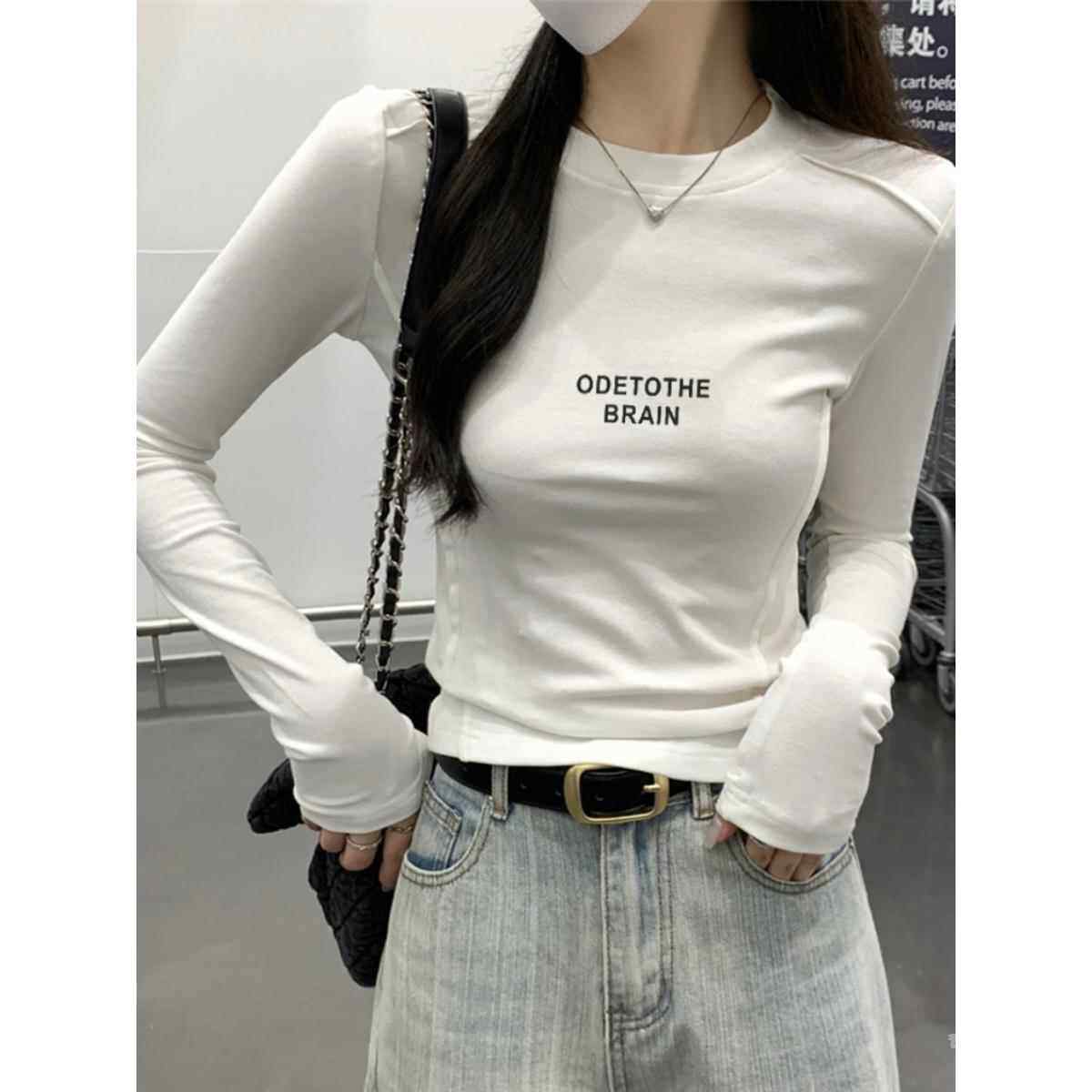韩国2025春秋字母印花德绒白色长袖t恤女修身显瘦内搭打底衫上衣