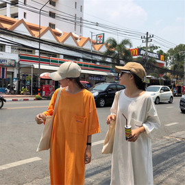 胖mm中长款过膝t恤裙子，夏装韩版大码女宽松短袖女连衣裙闺蜜装潮