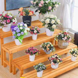 楼梯展示架防腐木阶梯花架实木花店展示架多层阳台楼梯落地式三层