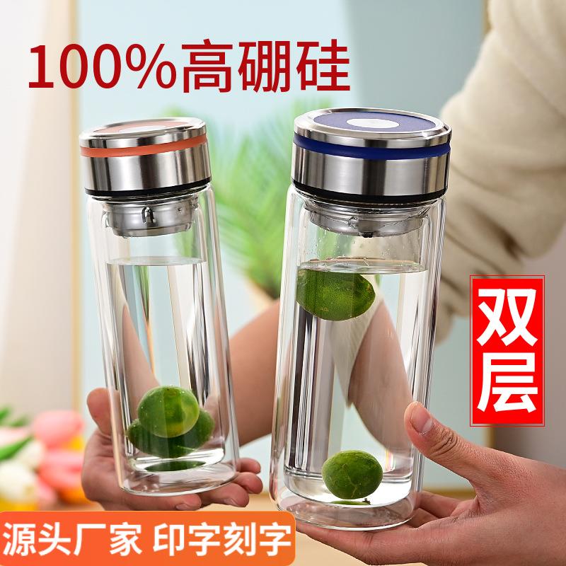 带把双玻璃杯层玻璃男女大量泡茶杯容透明带子盖过滤办公茶杯FUGU