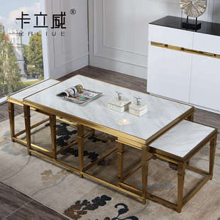 现代简约金属不锈钢大理石茶几轻奢客厅不锈钢高低组合简约长角几