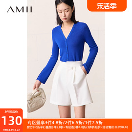 amii2024秋极简纯色，直筒v领开襟仿亚麻针织开衫女