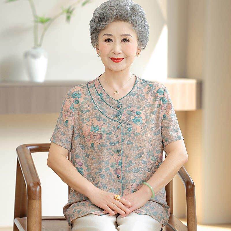中老年人奶奶夏装桑蚕丝衬衫女开衫短袖两件套大尺码真丝圆领上衣